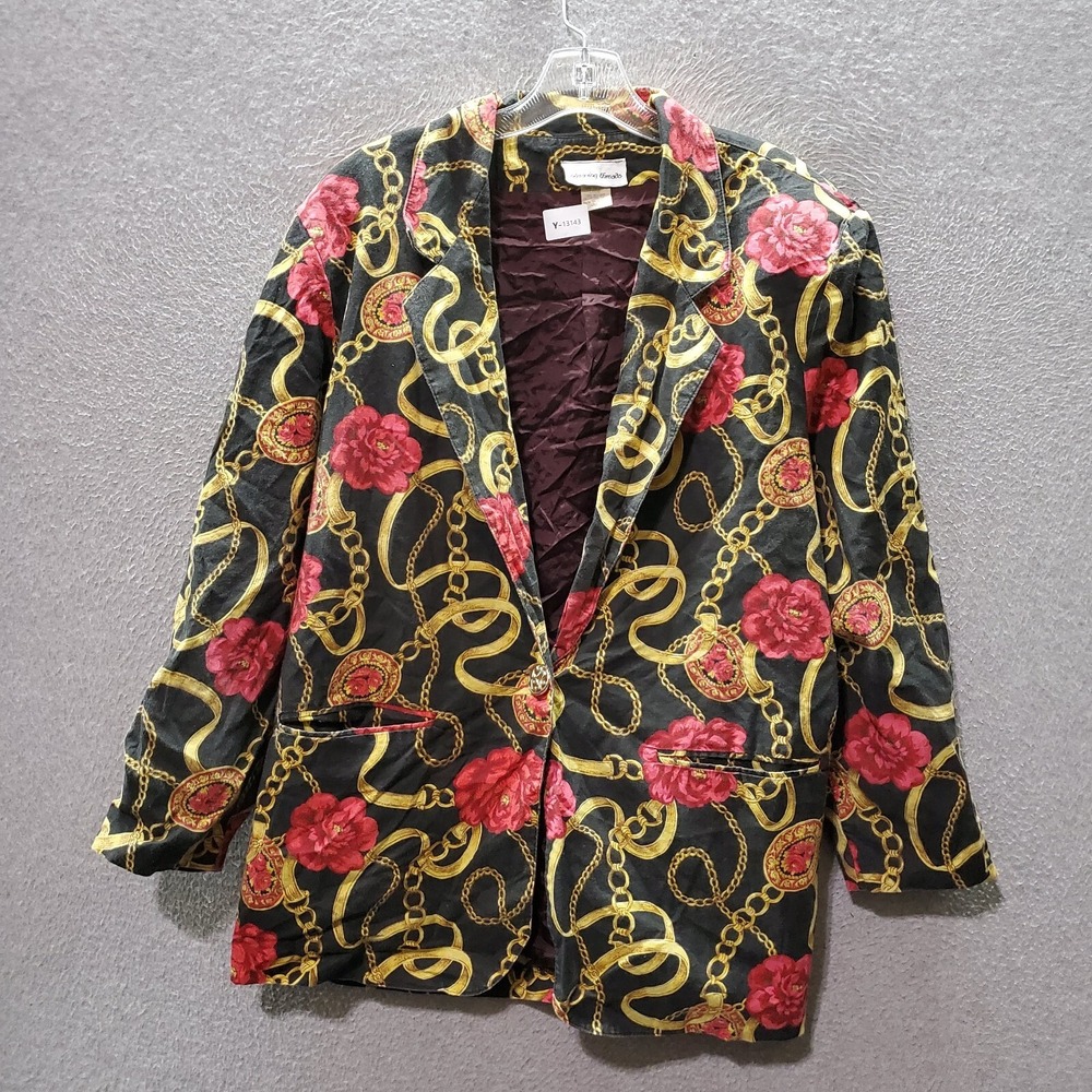 VINTAGE Intriguing Threads Women Jacket Large Black‎ Floral Blazer Gold Chains